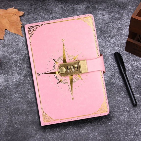 Password Notebook, Lockable Diary, Personalized Compass Pattern Student Stationery, Imitation Leather Cover with Combination Lock and Bookmark