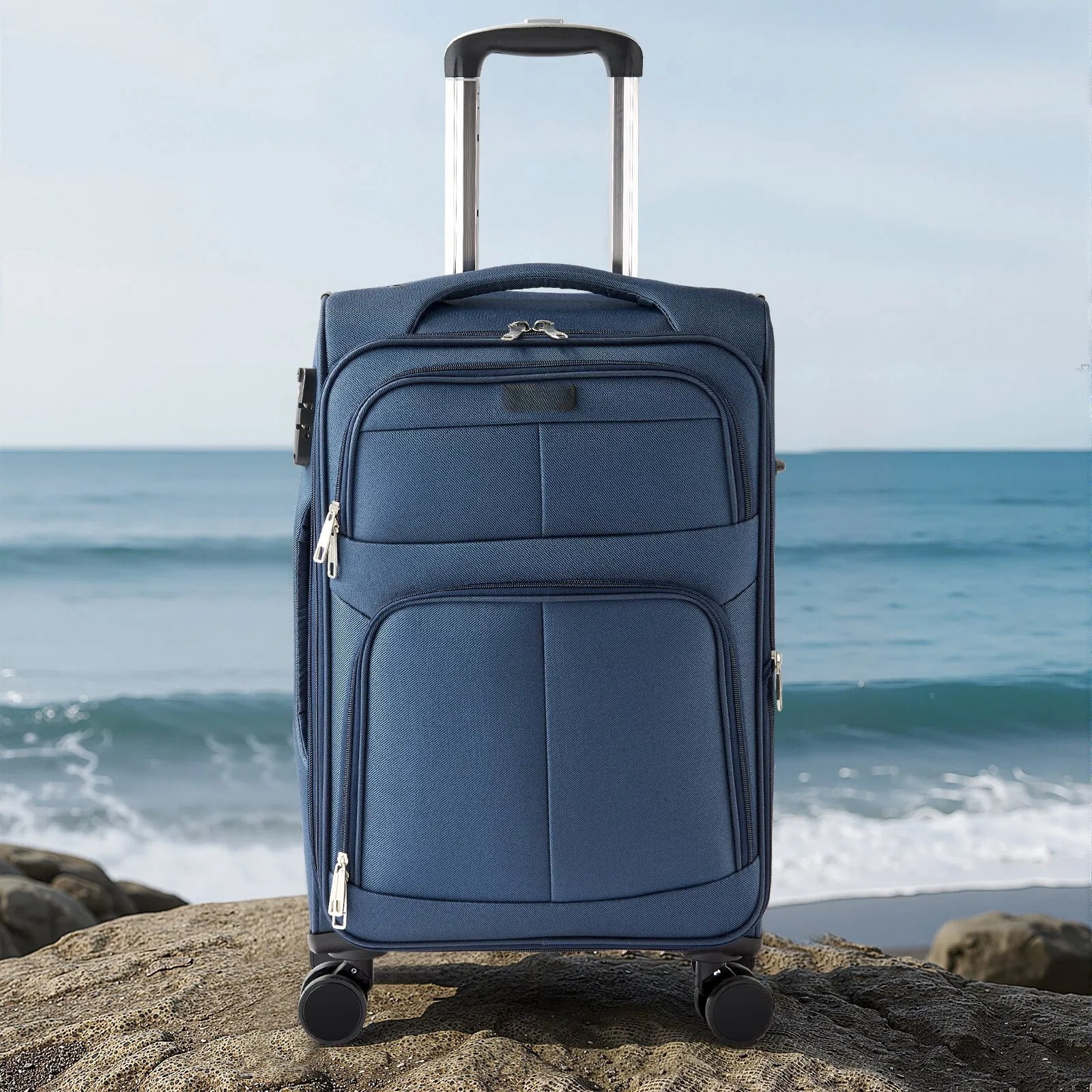 Password suitcase, soft-sided expandable luggage, 20 inches, twill Oxford fabric, with swivel wheels, lightweight, durable, wear-resistant, blue