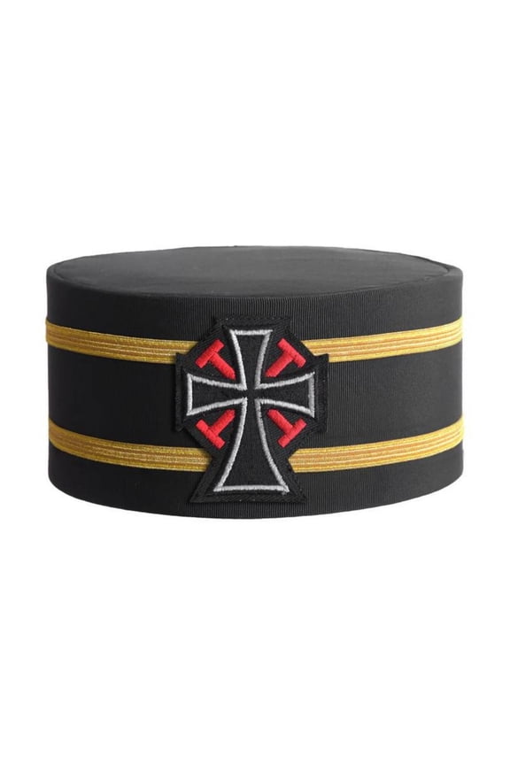 Past Commander Knights Templar Commandery Masonic Crown Cap - Black Rayon with Embroidered Knights Templar Cross & Double Gold Braids