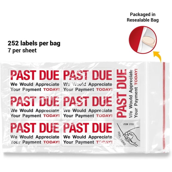 Past Due Payment Reminder Label, 2” x 1” Red/Black, Permanent Adhesive, 252 Stickers/Pack, Billing Collection Notice,