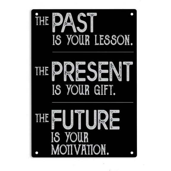 The Past Is Your Lesson Present Is Gift Future Is Motivation Sign Metal Tin Sign, Inspirational Quote Poster for Home Office Garden Farm Man Cave Wall Decor Plaque Sign 12x8 Inch
