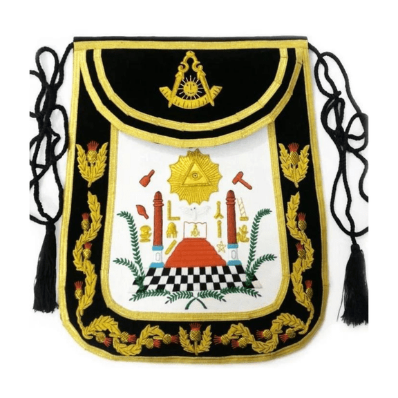 Past Master Blue Lodge Apron – Black Chenille with Gold Braid, Masonic Apron with Adjustable Belt for Lodge Ceremonies