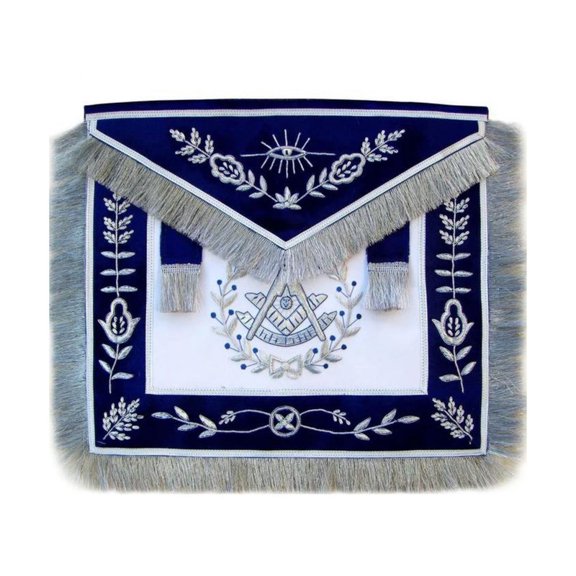 Past Master Blue Lodge Apron – Hand Embroidered Vinework with Silver Fringe Tassels, Masonic Regalia with Adjustable Belt