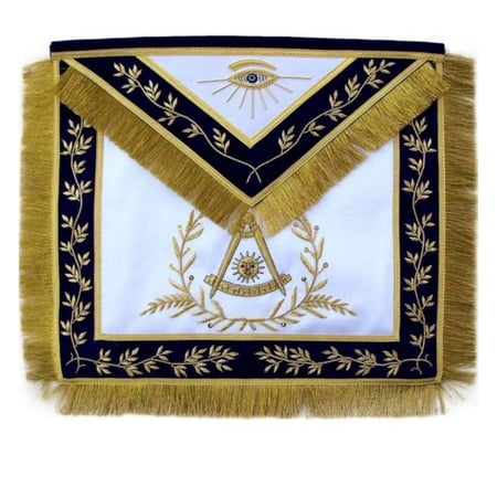 Past Master Blue Lodge Apron – Navy Blue with Gold Hand Embroidery & Fringe Tassels, Masonic Regalia with Adjustable Belt