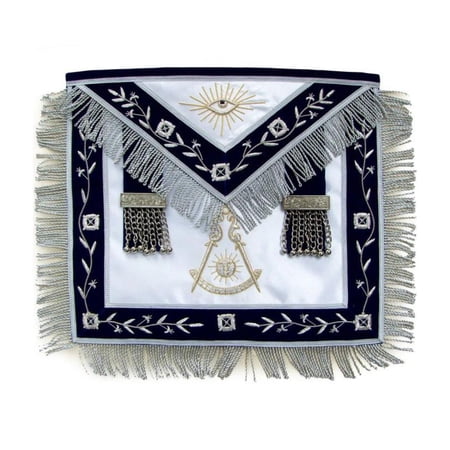 Past Master Blue Lodge Apron – Navy Blue with Hand Embroidered Vinework & Silver Fringe, Masonic Regalia with Adjustable Belt