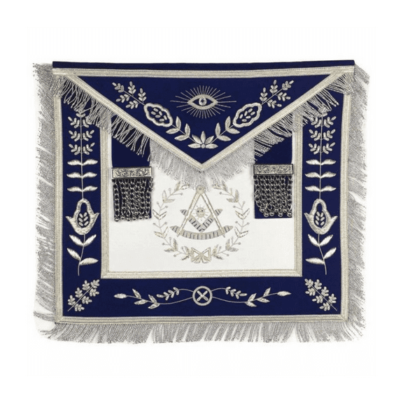 Past Master Blue Lodge Apron – Royal Blue Velvet with Silver Fringe, Adjustable Belt, Soft Padding, and Premium Embroidery(Lambskin)