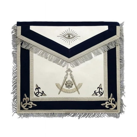 Past Master Blue Lodge Apron – Silver Bullion Hand Embroidery with Fringe, Masonic Regalia with Adjustable Belt