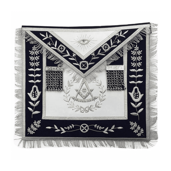 Past Master Blue Lodge Apron  White & Navy Blue Velvet with Silver Fringe & Hand Embroidery(Synthetic)