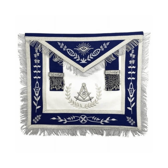 Past Master Blue Lodge Apron – White & Royal Blue, Silver Embroidery, Royal Blue Ribbon, Snake Strap Belt, Pocket & Soft Padding