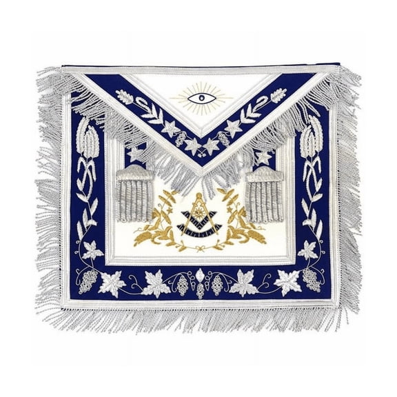 Past Master Blue Lodge Apron – White with Blue Bullion Gold & Silver Hand Embroidery(Lambskin)