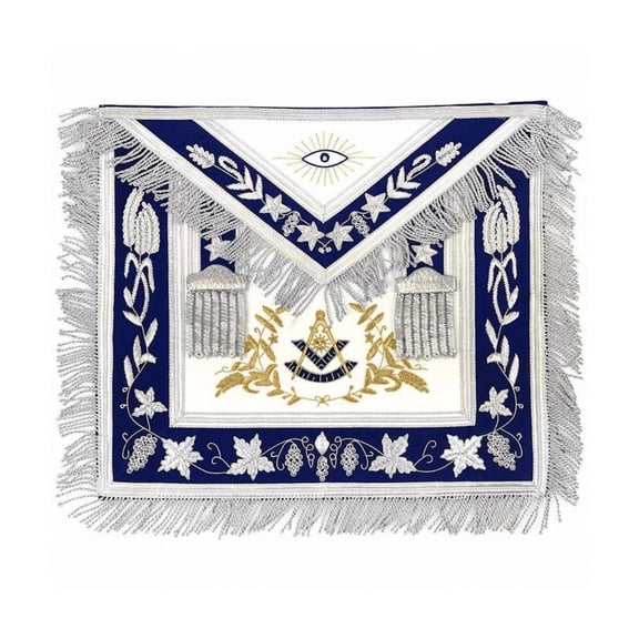 Past Master Blue Lodge Apron – White with Blue Bullion Gold & Silver Hand Embroidery(Synthetic)