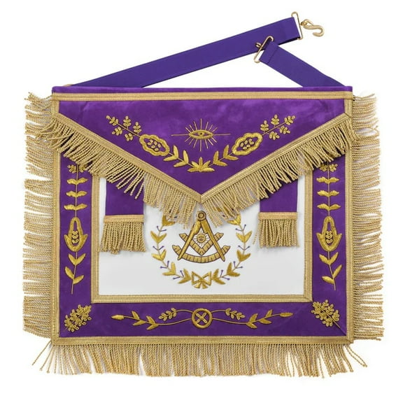 Past Master Blue Lodge California Regulation Apron - Regal Purple Velvet with Gold Bullion, Wreath Emblem, and Golden Fringe