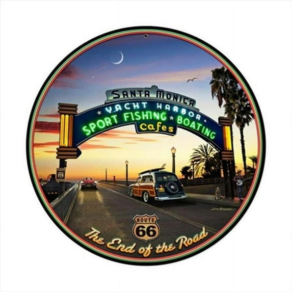 Past Time Signs Santa Monica Pier Round Automotive Vintage Metal Sign - Red - 14x14 in.