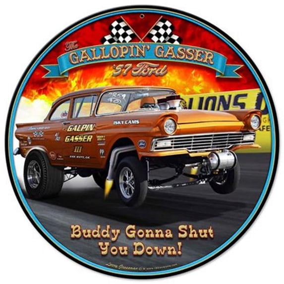 Past Time Signs LGB102 Larry Grossman Gallopin Gasser Satin Round Metal Sign - 14 x 14 in.