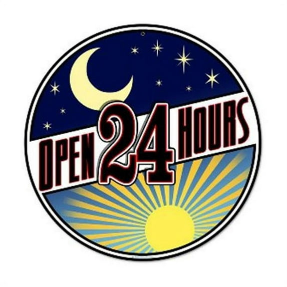 Past Time Signs RPC137 Open 24 Hours Round Metal Sign