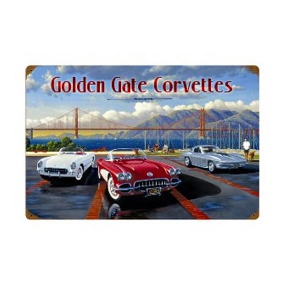 Past Time Signs STK023 Golden Gate Corvettes Automotive Vintage Metal Sign- 24 W X 16 H In.