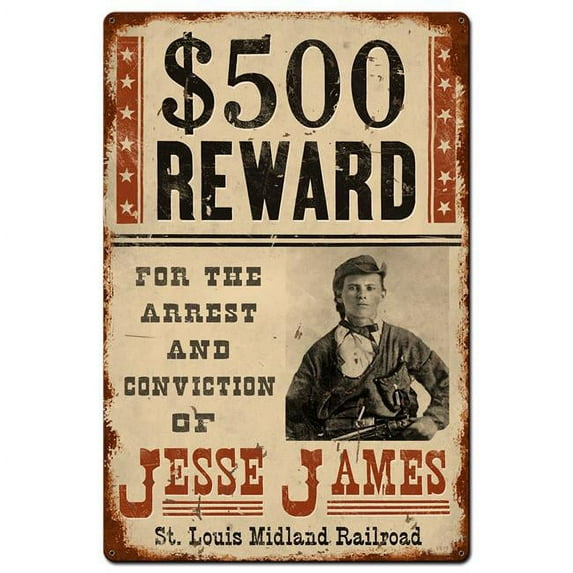 Past Time Signs VXL194 Wanted Jesse James Satin Metal Sign - 24 x 36 in.