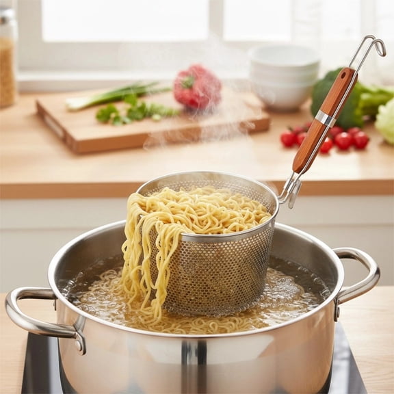 Stainless Steel Pasta Basket Skimmer, 16cm Strainer Insert with Red Wood Handle & Hanging Hook for Noodles, Vegetables, Kitchen