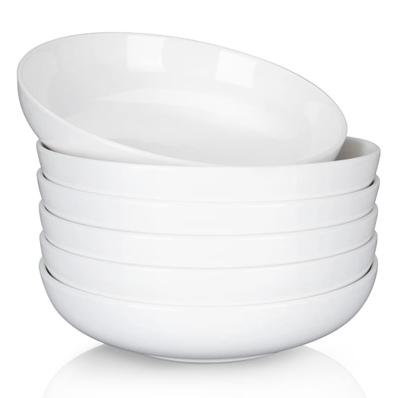 Pasta Bowls, 22oz Porcelain Salad Bowls for Kitchen and Resturant Wide and Shallow Bowls Set of 6 Soup Serving Bowls Microwave Safe White