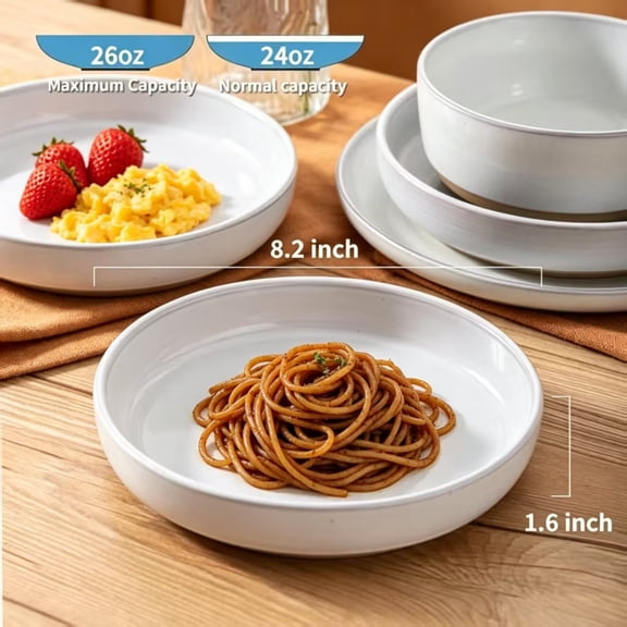 Tikooere 26oz Speckled White Pasta Bowls Set of 4, Two‑Tone Speckled Glaze Shallow Pasta Salad Serving Bowls, Stoneware