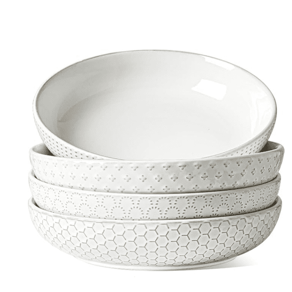 Pasta Bowls 42oz, Large Salad Bowl, Ceramic Embossment Stoneware Serving Plate for Fruits, Noodle, Dinner, House-warming Wedding Present - 9 Inch, Set of 4, Arctic White