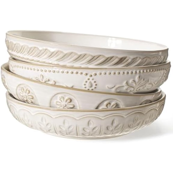 Pasta Bowls, 50oz Large Salad Serving Bowls, 9.75'' Plates Bowls Set of 4, Big White Ceramic Soup Bowls for Kitchen, Embossment Shallow Dinner Bowl, Microwave Dishwasher Safe, Multiple Patterns