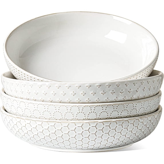 Pasta Bowls, Large Salad Bowl, Ceramic Embossment Stoneware Serving Plate for Fruits, Noodle, Dinner, House-warming Wedding Present.