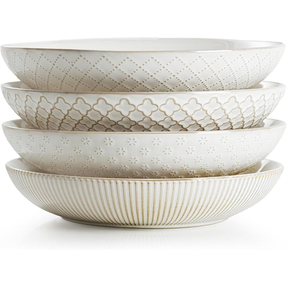 Pasta Bowls, Large Salad Serving Bowls (7.6 inch & 22 oz), Ceramic Bowl Plates Set of 4,  Embossments, Microwave and Dishwasher Safe
