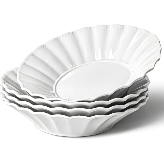 Pasta Bowls Set  4, 25oz Ceramic Soup Bowls, Salad Serving Bowls, Wide and Shallow Bowls Set, Wavy Style, Soup, Pasta, Noodle, , Microwave & Dishwasher Safe (White)