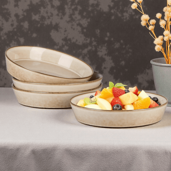 Onader Pasta Bowls Set of 4, 34oz Ceramic Large Salad Bowl Plates for Serving Soup Dinner, Shallow Stoneware Pasta Plate, Microwave & Dishwasher Safe, Speckled Khaki