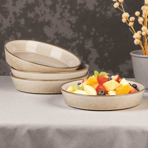 Onader Pasta Bowls Set of 4, 34oz Ceramic Large Salad Bowl Plates for Serving Soup Dinner, Shallow Stoneware Pasta Plate, Microwave & Dishwasher Safe, Speckled Khaki