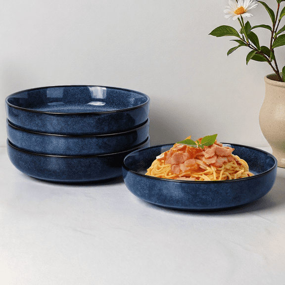 Onader Pasta Bowls Set of 4, 35oz Large Pasta Bowls for Serving, Wide Bowl Plates for Kitchen, Double Reactive Glaze, Microwave and Dishwasher Safe - Deep Sea Blue