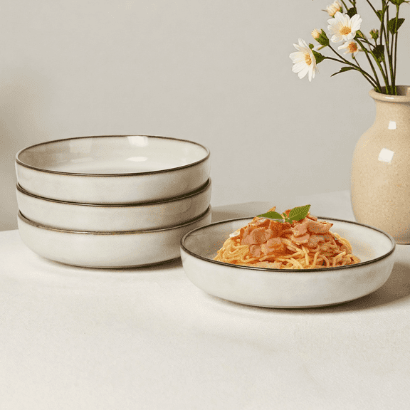 Onader Pasta Bowls Set of 4, 35oz Large Pasta Bowls for Serving, Wide Bowl Plates for Kitchen, Double Reactive Glaze, Microwave and Dishwasher Safe - Sandy Beige
