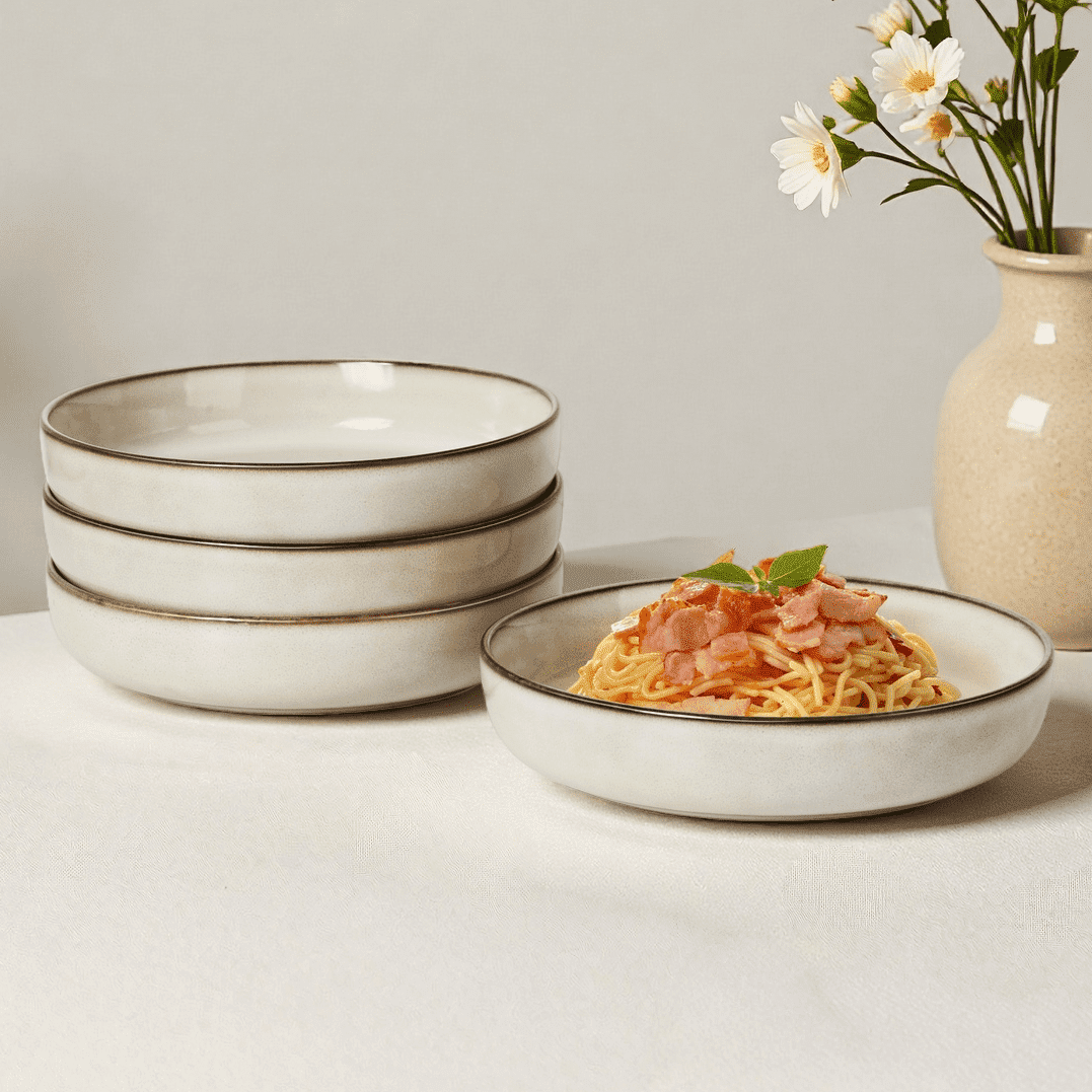 Onader Pasta Bowls Set of 4, 35oz Large Pasta Bowls for Serving, Wide Bowl Plates for Kitchen, Double Reactive Glaze, Microwave and Dishwasher Safe - Sandy Beige