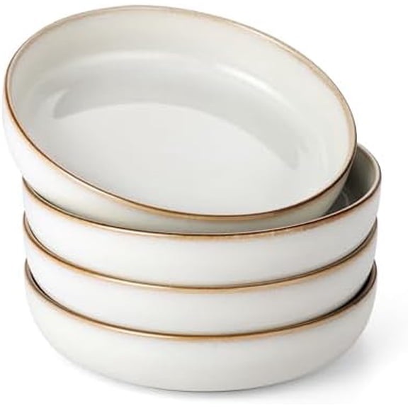 Pasta Bowls Set of 4, 35oz Large Salad Bowls for Serving, Wide and Shallow Ceramic Plates for Kitchen, Double Reactive Glaze, Microwave and Dishwasher Safe, Seashell White