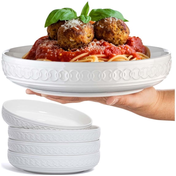 4-Piece Pasta Bowl Set, 9 Inch Wide Rim Porcelain Dishes for Dining, Serving Spaghetti Casserole Soup, 40 Oz Capacity Shallow Plates, Classic White