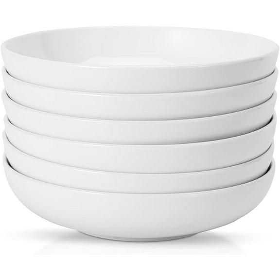 Pasta Bowls Set of 6, 8" Ceramic Salad Plates – Microwave & Dishwasher Safe, Shallow Porcelain Bowls for Noodles, Soup, Rice, and Desserts – White