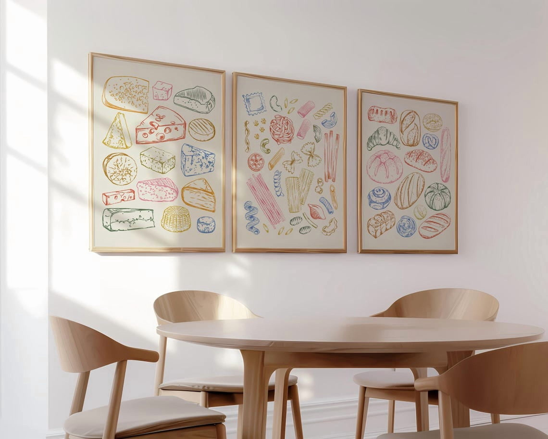 Pasta Bread And Cheese Kitchen Pasta Illustration Cheese Poster, Set 3 ...