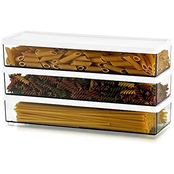 Pasta Containers for Pantry Large Spaghetti & Noodle & Lasagna Canister 3 Pcs Clear Grey Rectangular Canister with Lock Lids Durable BPA-free Plastic Food Keeper for Kitchen Cabinet