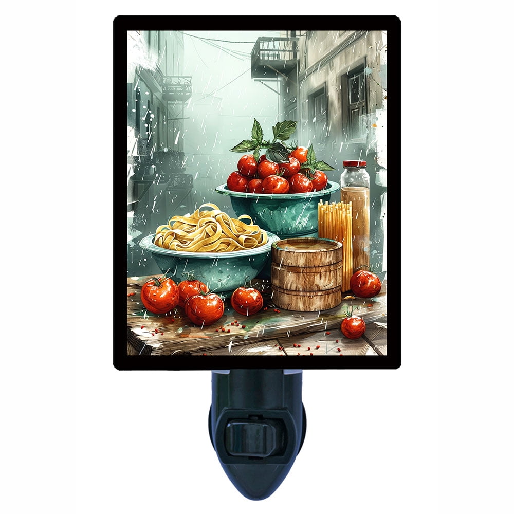 Pasta Dinner Night Light – Rustic Italian Kitchen Scene with Fresh Tomatoes, Basil, and Homemade Noodles – Includes Free Switchable Insert