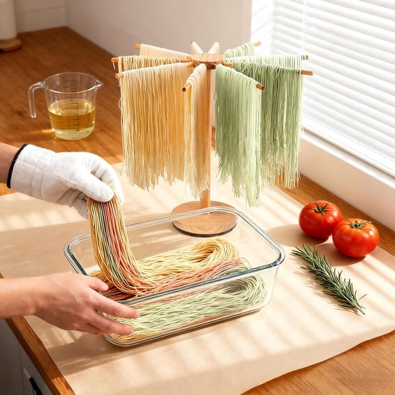 Pasta Drying Rack, Wooden Rotatable Collapsible Dryer with 9 Rods, Quickly Assemble, Noodle Spaghetti Hanger Stand, Easy to Assemble and Store