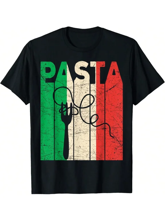 Pasta Italian Flag Vintage Fork Noodle Graphic Unisex Casual Wear Holiday Gift Cotton Men's Women's Tee Shirt