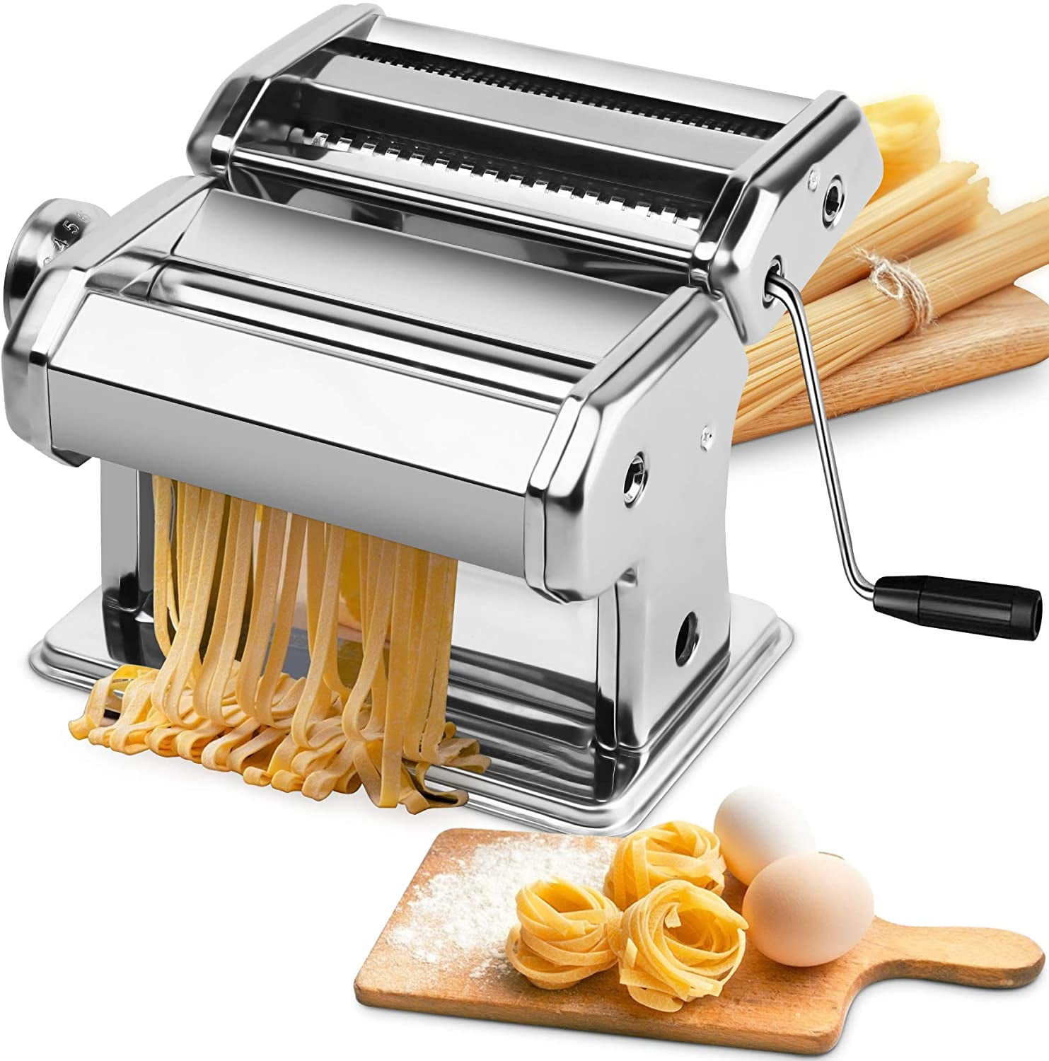 Pasta Machine, FONDRUN Pasta Maker Stainless Steel Manual Pasta Maker  Machine with 8 Adjustable Thickness Settings, 2 Noodle Cutter, Suit for  Homemade