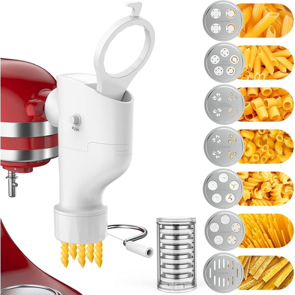 Pasta Maker Attachment for KitchenAid Stand Mixer, 7 Interchangeable Pasta Plates, Makes Spaghetti, Fusilli, Macaroni, Bucatini & Rigatoni, New Buckle Design Pasta Press with Storage Case