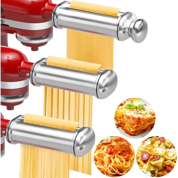 Pasta Maker Attachment for All Stand Mixers, 3 PCS Kitchen Aid Pasta Attachments Included Pasta Dough Roller, Fettuccine Cutter, Spaghetti Cutter and Cleaning Brush