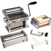 Pasta Maker Deluxe Set 5 Piece Steel Machine with Spaghetti Fettuccini Roller, Angel Hair, Ravioli Noodle, Lasagnette Cutter Attachments, Includes Hand Crank, Counter Top Clamp & Cleaning Brush