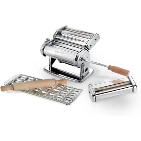 Pasta Maker Gift Set w Accessories- Includes Pasta Machine, Ravioli Mold Press, Wooden Rolling Pin & Cutter Attachment- Made in Italy- Durable Steel Construction- Make Fresh Homemade Noodles