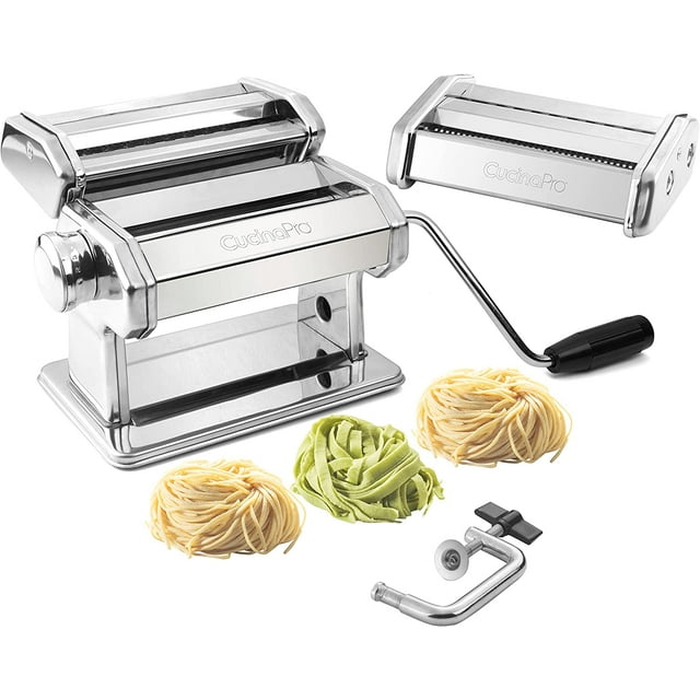Pasta Maker Machine (177) By Cucina Pro - Heavy Duty Steel Construction - with Fettucine and Spaghetti attachment and Recipes