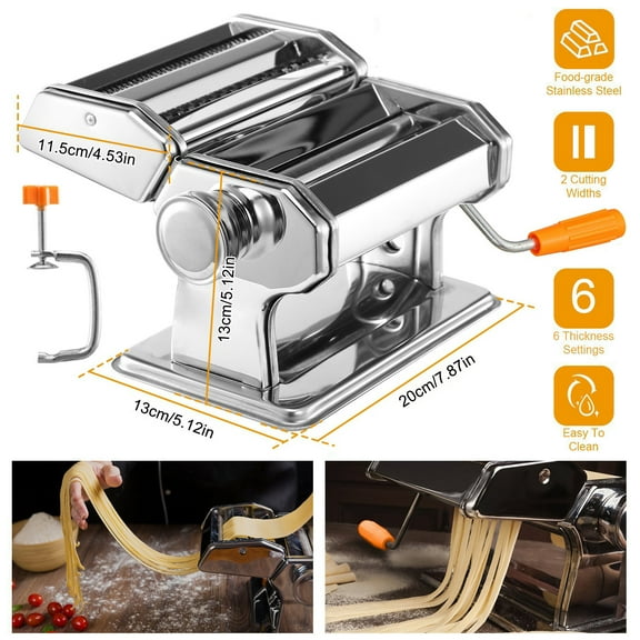 Pasta Maker Machine, Manual Hand Press Noodle Maker Adjustable Thickness Settings with Dough Cutter 6 Adjustable Thickness for Spaghetti Fettuccini Lasagna Dumpling Skins