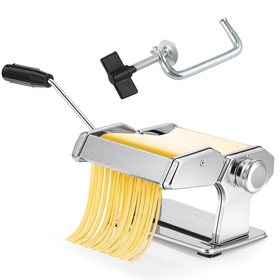 Pasta Maker Machine, Stainless Steel Manual Noodle Roller with 2-in-1 Cutter Heads, Adjustable Thickness, and Table Clamp, Hand Crank for Spaghetti, Lasagna, Dumpling, Ravioli